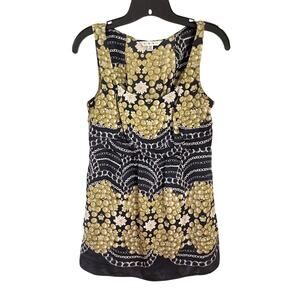 Cabi 100% Silk Babydoll Tank Top XS Baroque Chain Print Black Gold Y2K 2000s